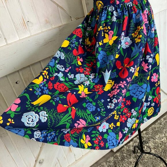 70's Vintage EJE Cotton Rainbow Blue Floral Hawaiian Sundress Day Midi Dress - Picture 6 of 10